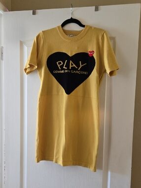 Comme des Garçons Yellow Knit Mini Dress with Black Heart and Red Patch